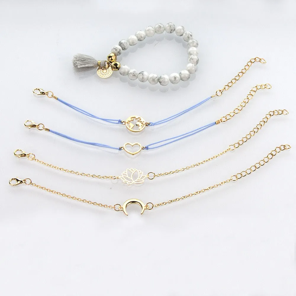 30 Pieces) Lotus World Map Tassel Beaded Bracelet Set