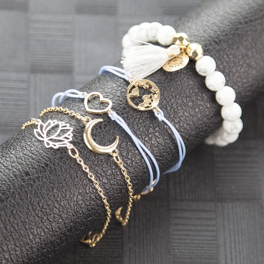30 Pieces) Lotus World Map Tassel Beaded Bracelet Set