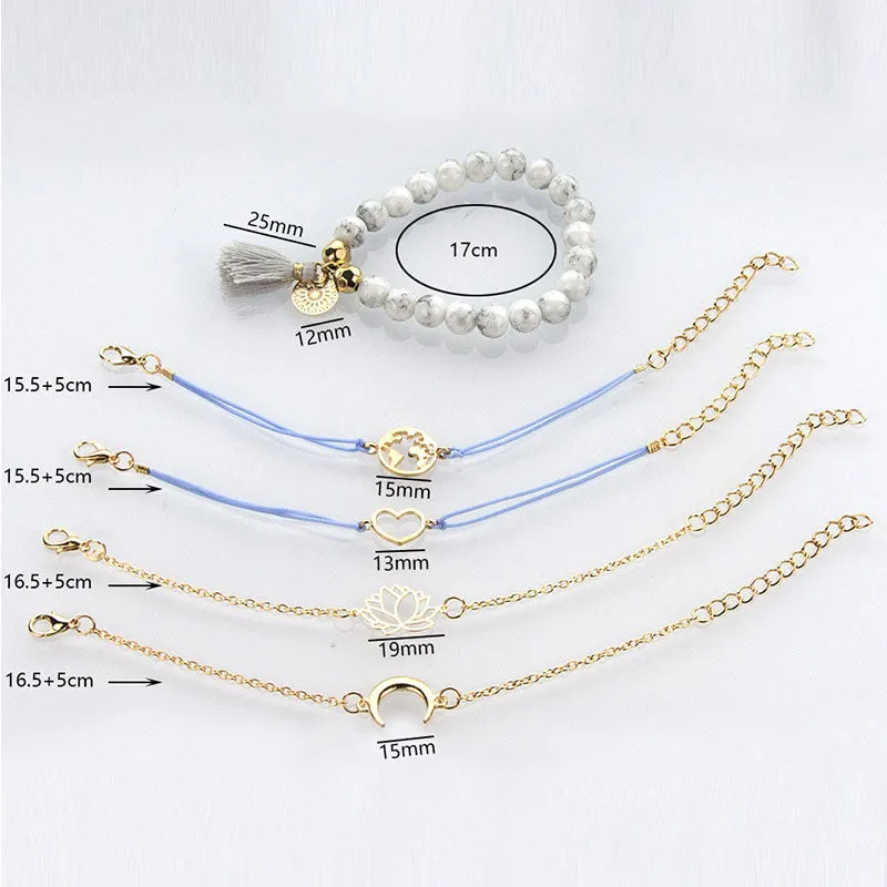 30 Pieces) Lotus World Map Tassel Beaded Bracelet Set