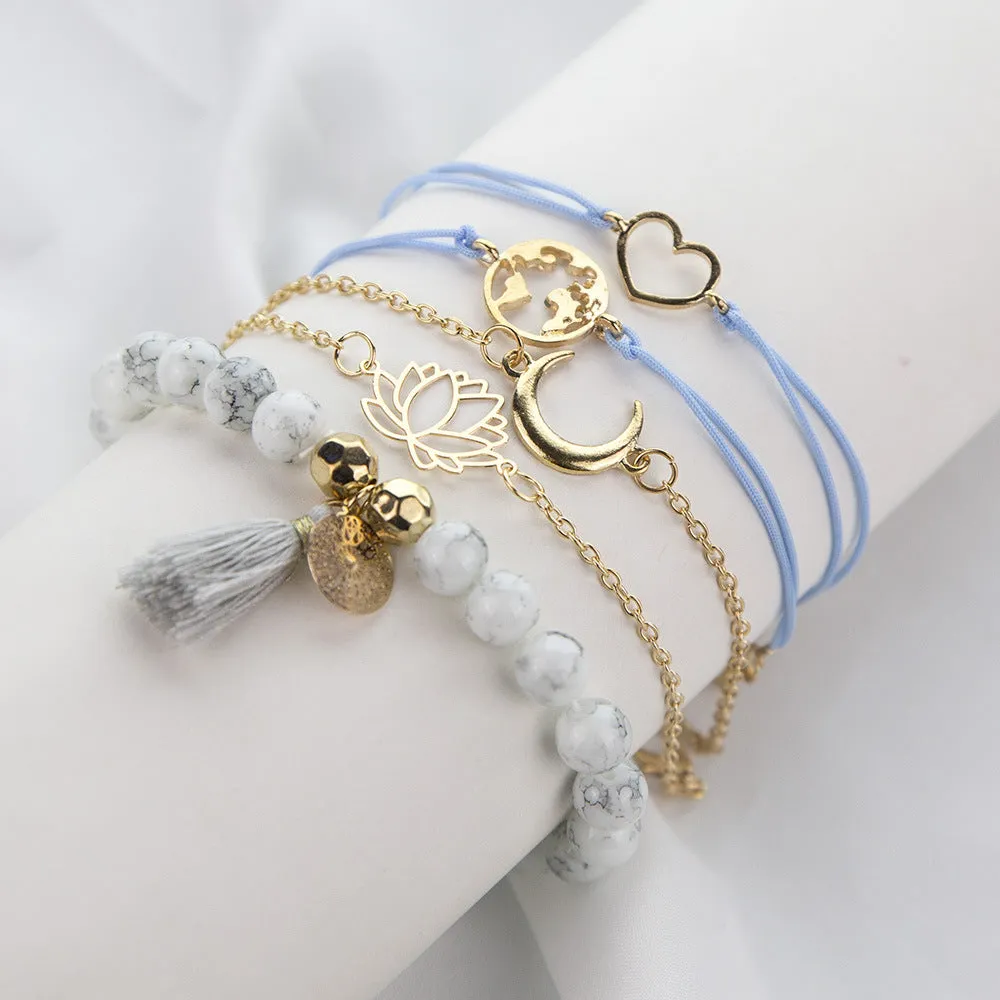 30 Pieces) Lotus World Map Tassel Beaded Bracelet Set