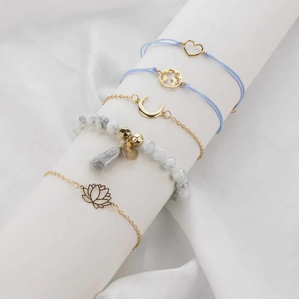 30 Pieces) Lotus World Map Tassel Beaded Bracelet Set