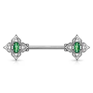 316L Surgical Steel 4 Petal Design White CZ & Dark Green Opal Nipple Ring Straight Barbell