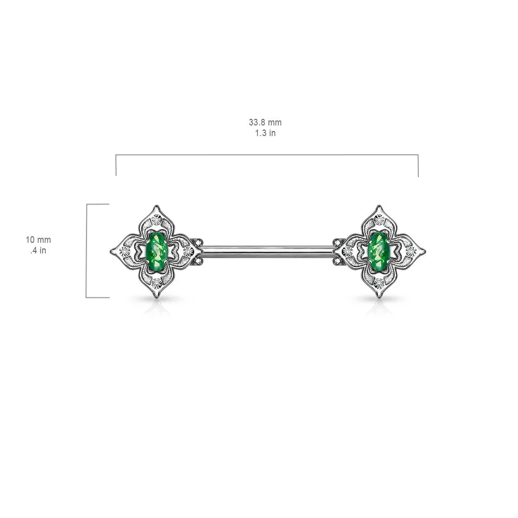 316L Surgical Steel 4 Petal Design White CZ & Dark Green Opal Nipple Ring Straight Barbell