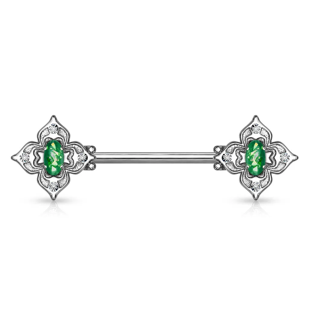 316L Surgical Steel 4 Petal Design White CZ & Dark Green Opal Nipple Ring Straight Barbell