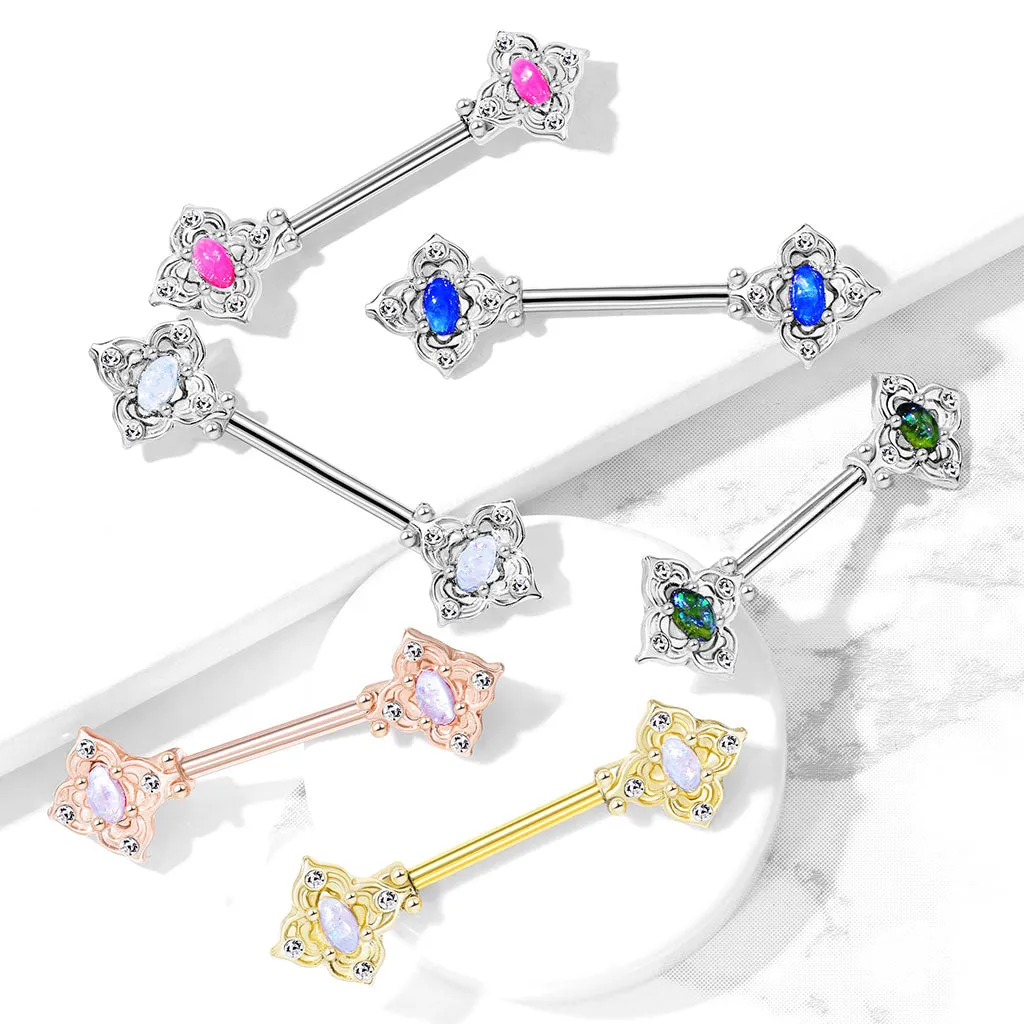 316L Surgical Steel 4 Petal Design White CZ & Dark Green Opal Nipple Ring Straight Barbell