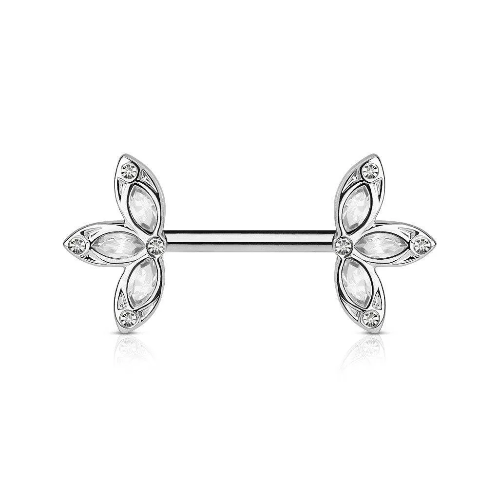 316L Surgical Steel CZ Petal Nipple Ring Barbell with Clear CZ