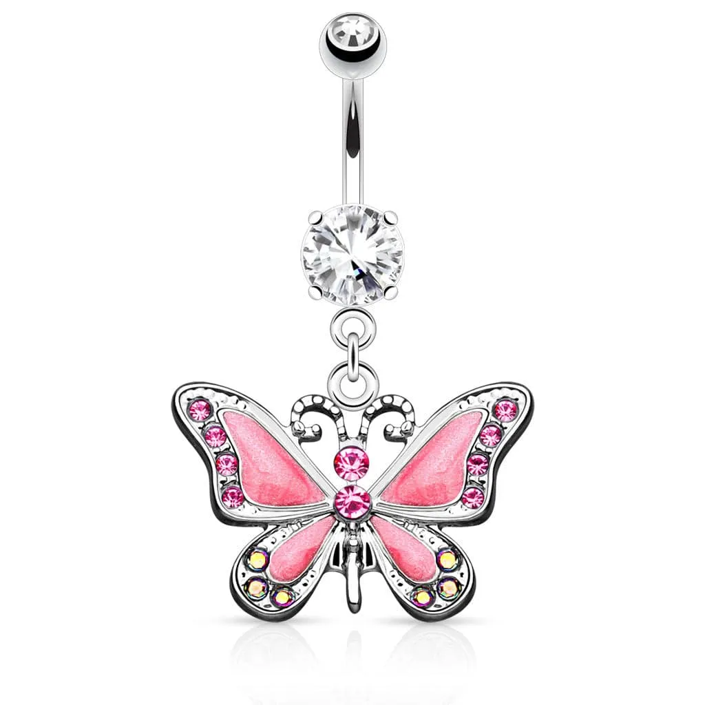 316L Surgical Steel Dangling Epoxy CZ Cute Butterfly Belly Button Navel Ring