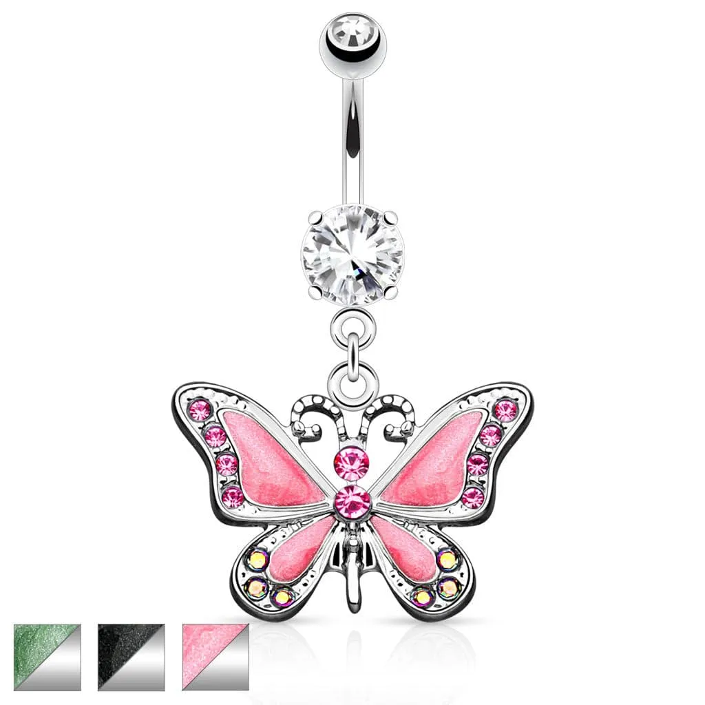 316L Surgical Steel Dangling Epoxy CZ Cute Butterfly Belly Button Navel Ring