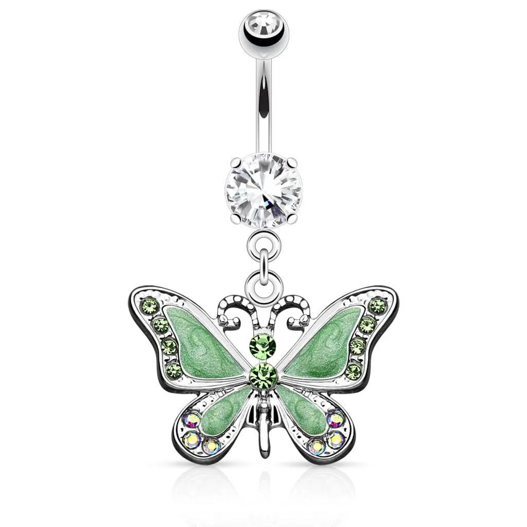 316L Surgical Steel Dangling Epoxy CZ Cute Butterfly Belly Button Navel Ring