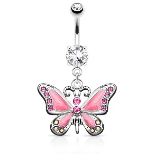 316L Surgical Steel Dangling Epoxy CZ Cute Butterfly Belly Button Navel Ring