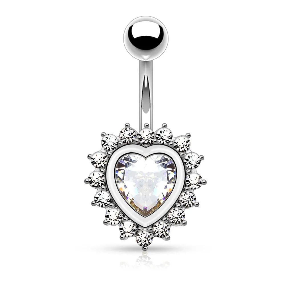 316L Surgical Steel Exclusive CZ Gem Heart Non Dangly Belly Button Ring