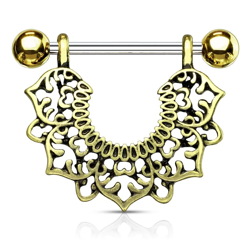 316L Surgical Steel Gold Plated Vintage Boho Lotus Nipple Shield Barbell