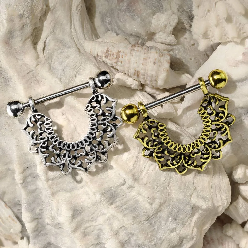 316L Surgical Steel Gold Plated Vintage Boho Lotus Nipple Shield Barbell