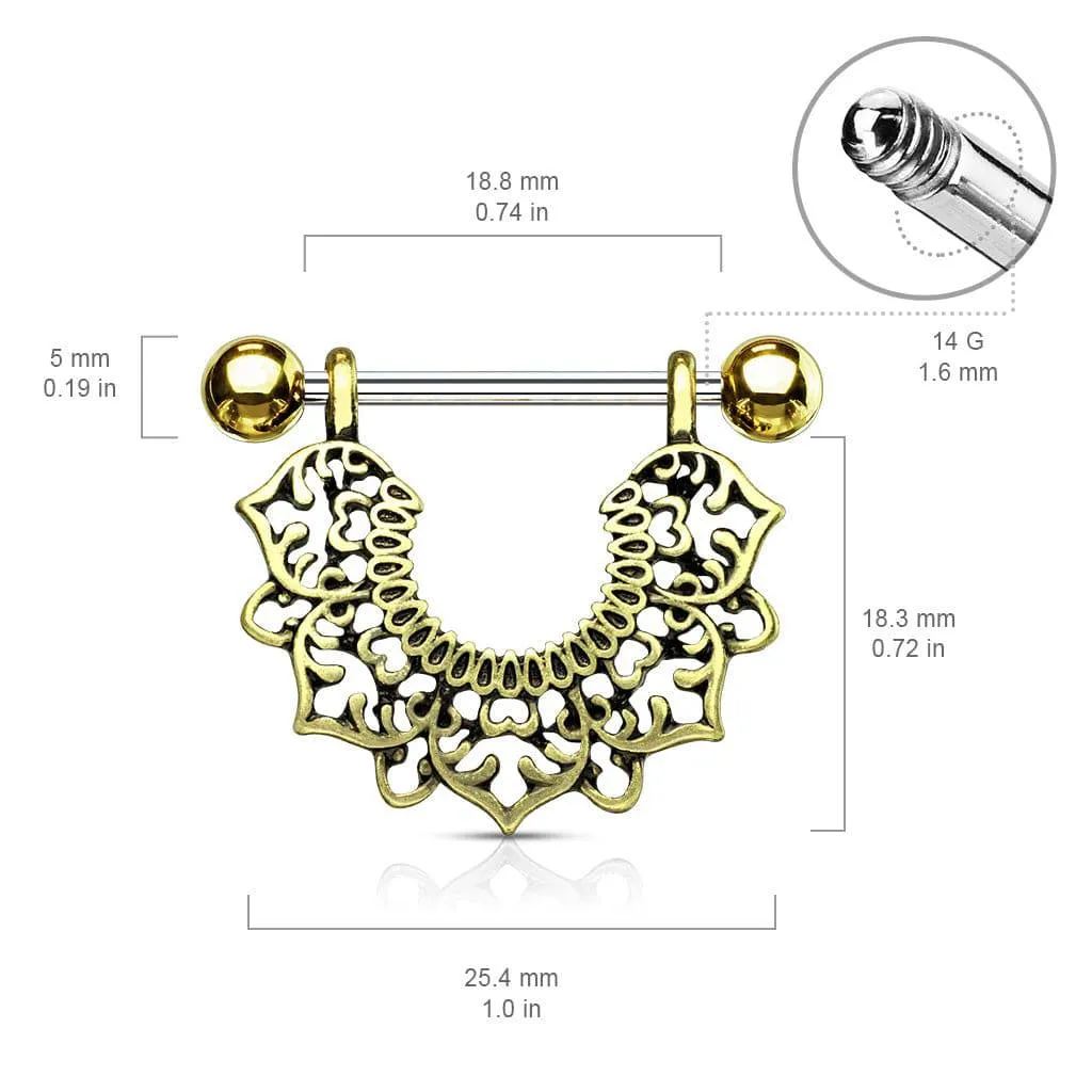 316L Surgical Steel Gold Plated Vintage Boho Lotus Nipple Shield Barbell