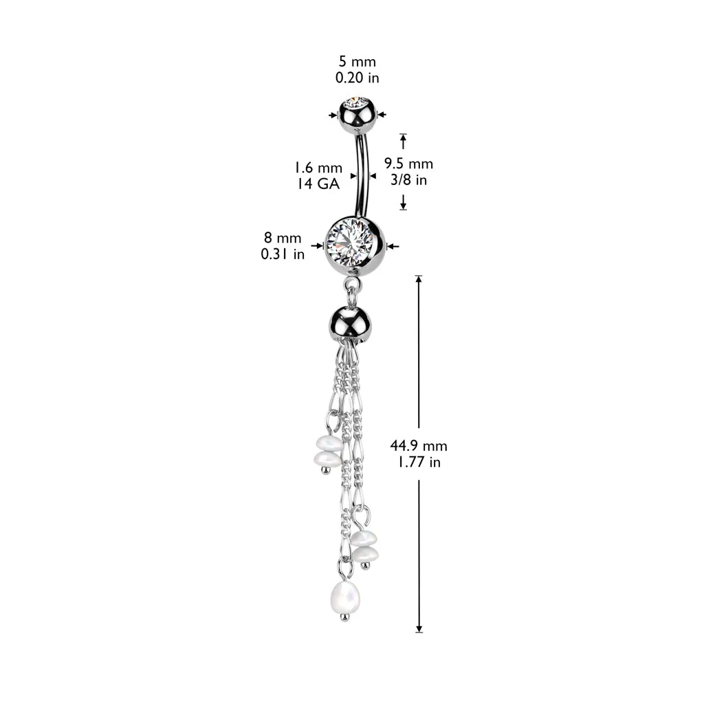 316L Surgical Steel Gold PVD White CZ & Pearl Long Dangly Belly Ring