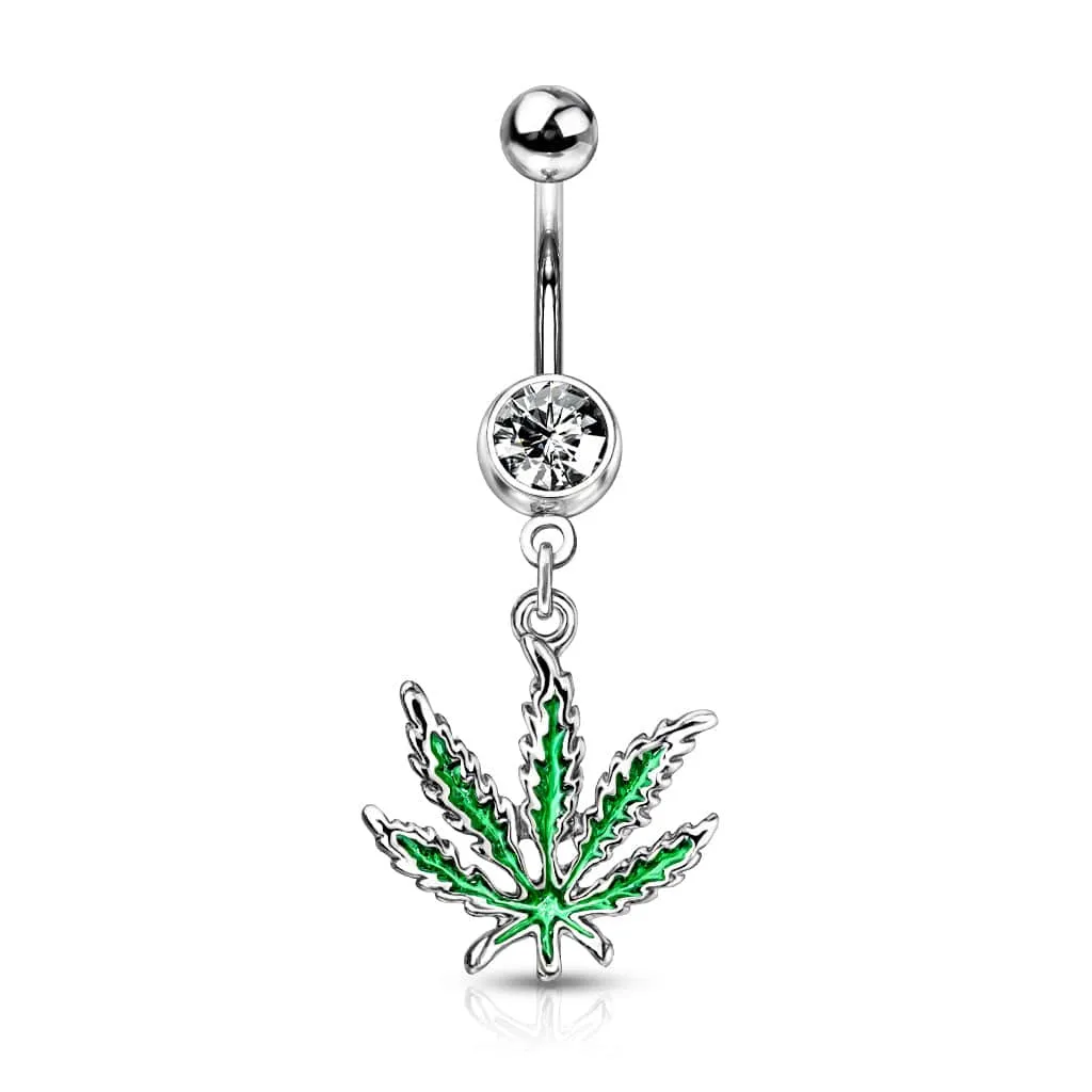 316L Surgical Steel Green PVD Weed Leaf Dangle Belly Ring