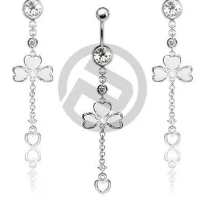 316L Surgical Steel Irish 3 Leaf Clover with Floating Heart Dangle Belly Ring