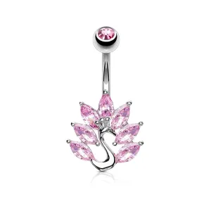 316L Surgical Steel Pink CZ Peacock Belly Ring