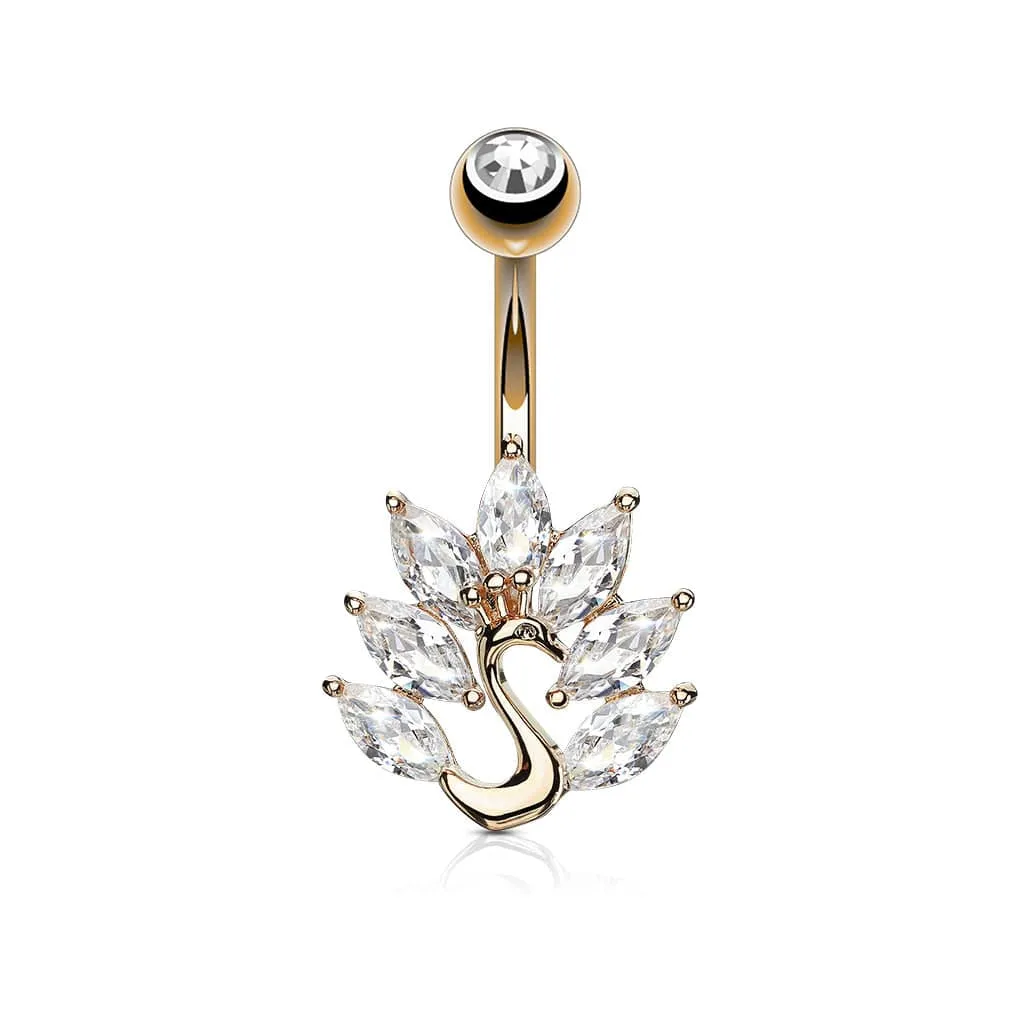 316L Surgical Steel Rose Gold Plated White CZ Peacock Belly Ring