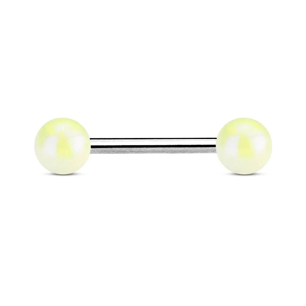 316L Surgical Steel Straight Barbell with Metallic Coated White Balls