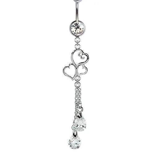 316L Surgical Steel Triple Heart Diamond CZ Dangle Belly Ring