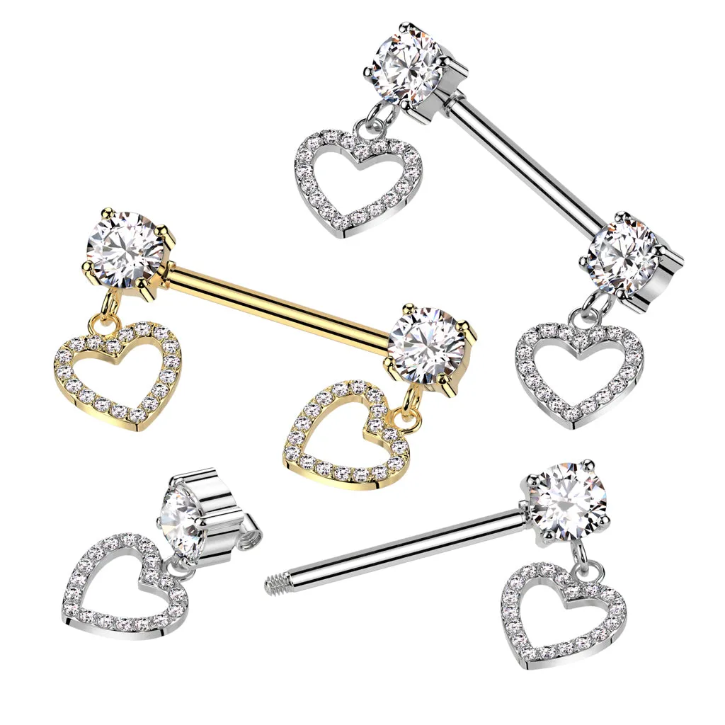 316L Surgical Steel White CZ Heart Outline Dangle Nipple Ring Straight Barbell