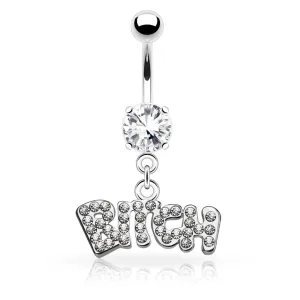 316L Surgical Steel White CZ "BITCH" Dangle Belly Ring