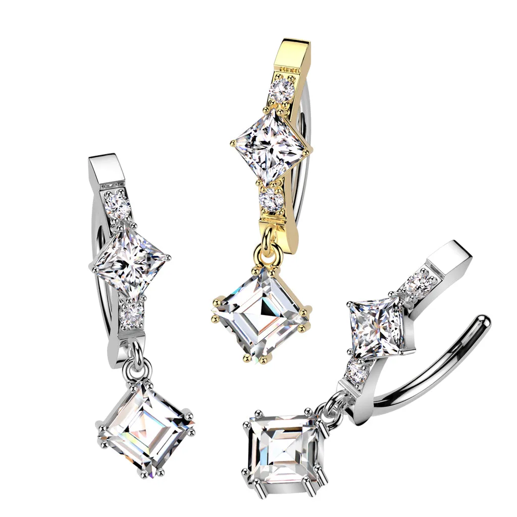 316L Surgical Steel White CZ Square Shaped Gem Dangle Hinged Clicker Belly Ring