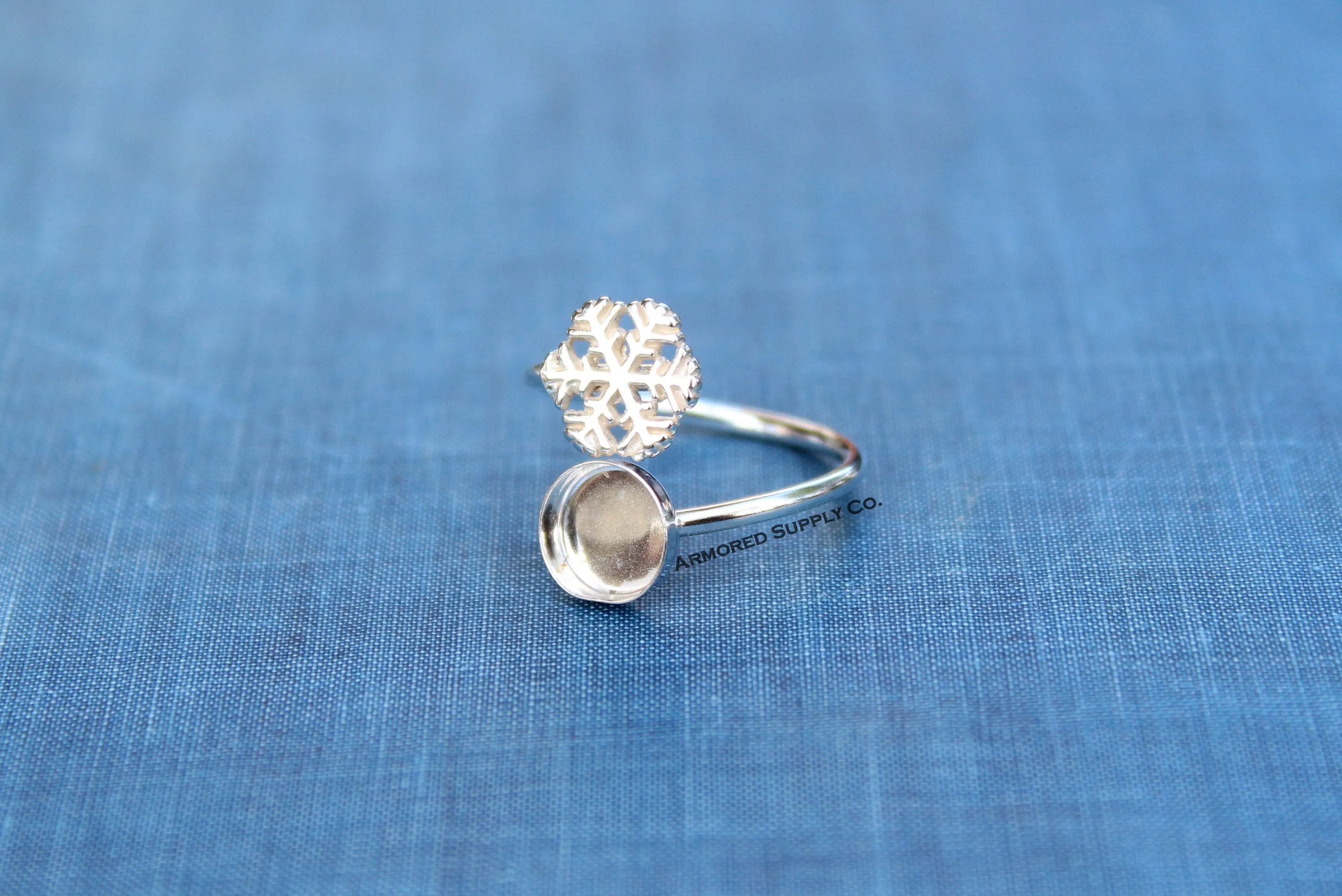 6mm Bezel Sterling Silver Snowflake Wrap Bypass Adjustable Ring blank