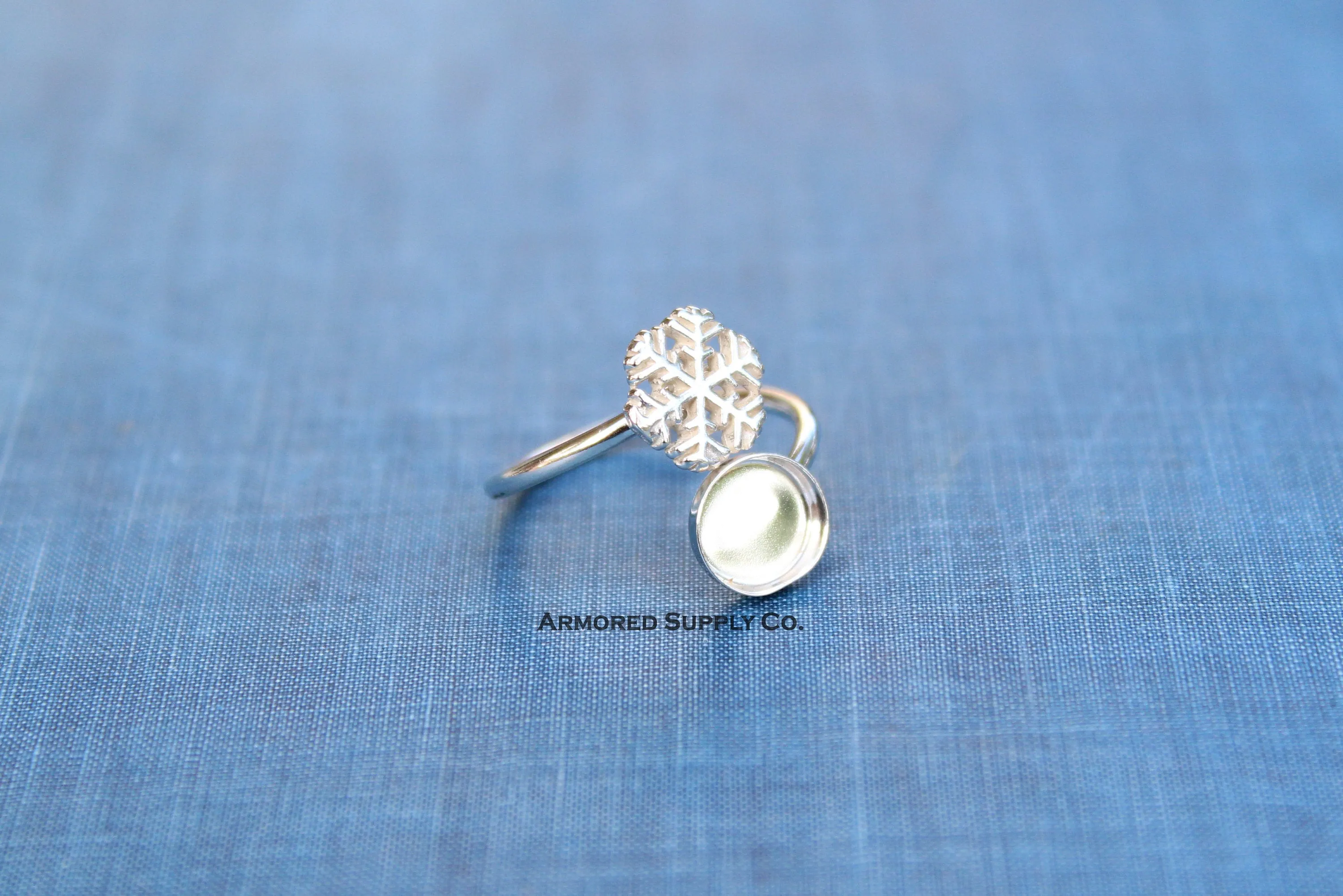 6mm Bezel Sterling Silver Snowflake Wrap Bypass Adjustable Ring blank