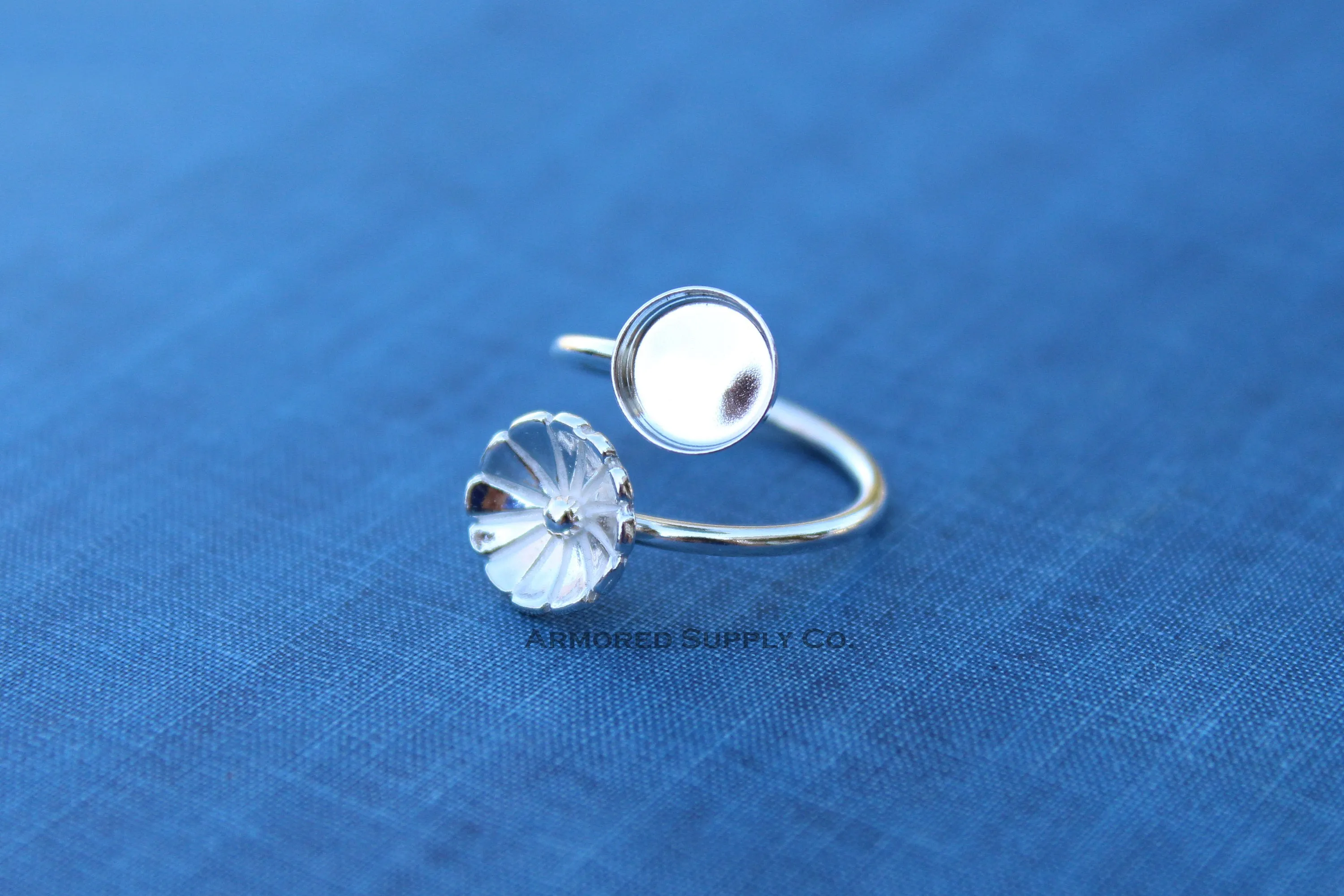 6mm Silver Flower Wrap Bypass Adjustable Bezel Ring blank