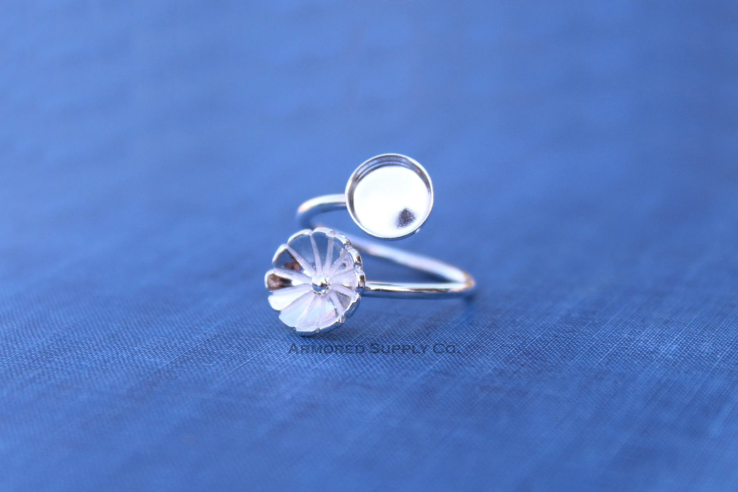6mm Silver Flower Wrap Bypass Adjustable Bezel Ring blank