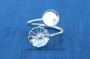 6mm Silver Flower Wrap Bypass Adjustable Bezel Ring blank