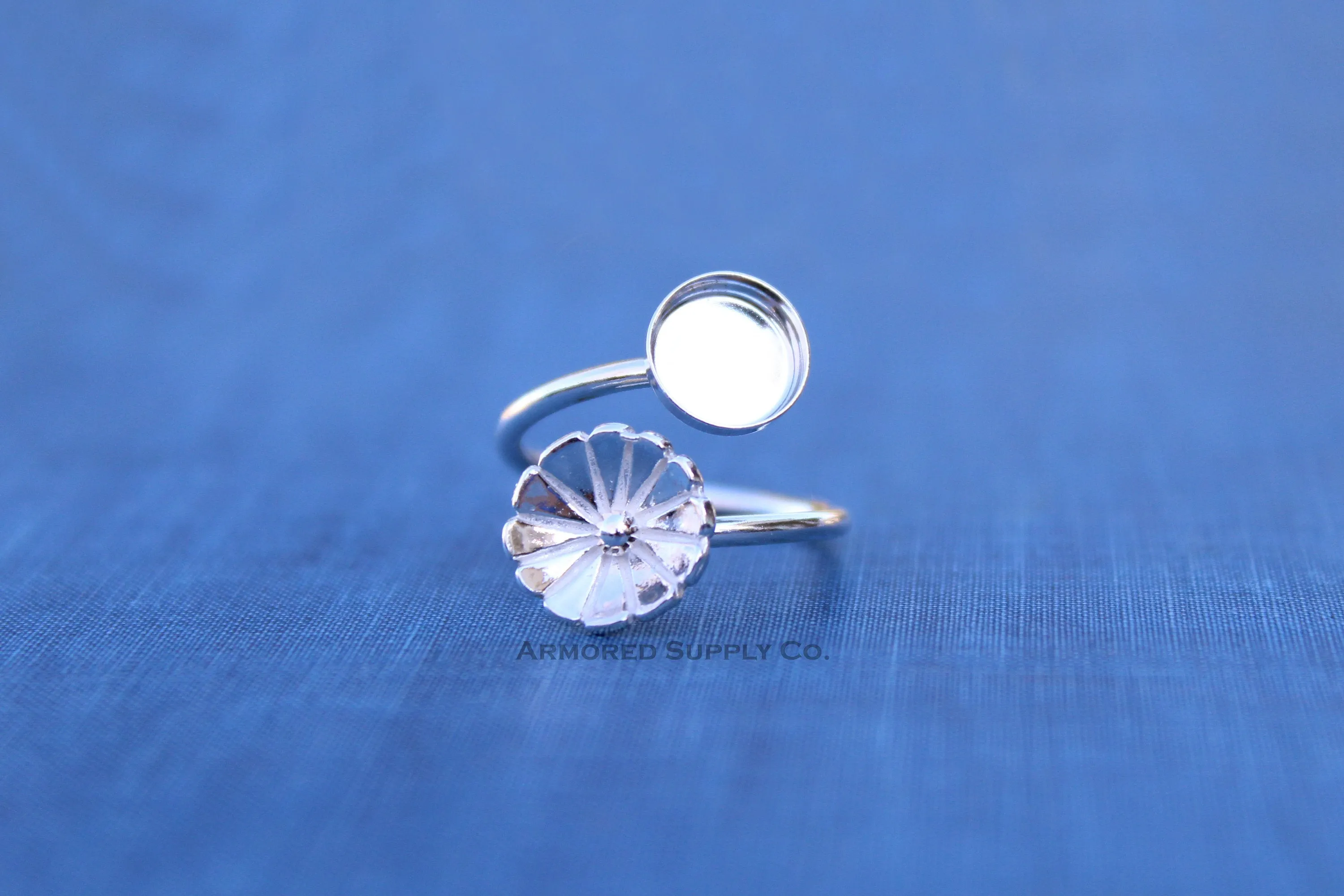 6mm Silver Flower Wrap Bypass Adjustable Bezel Ring blank