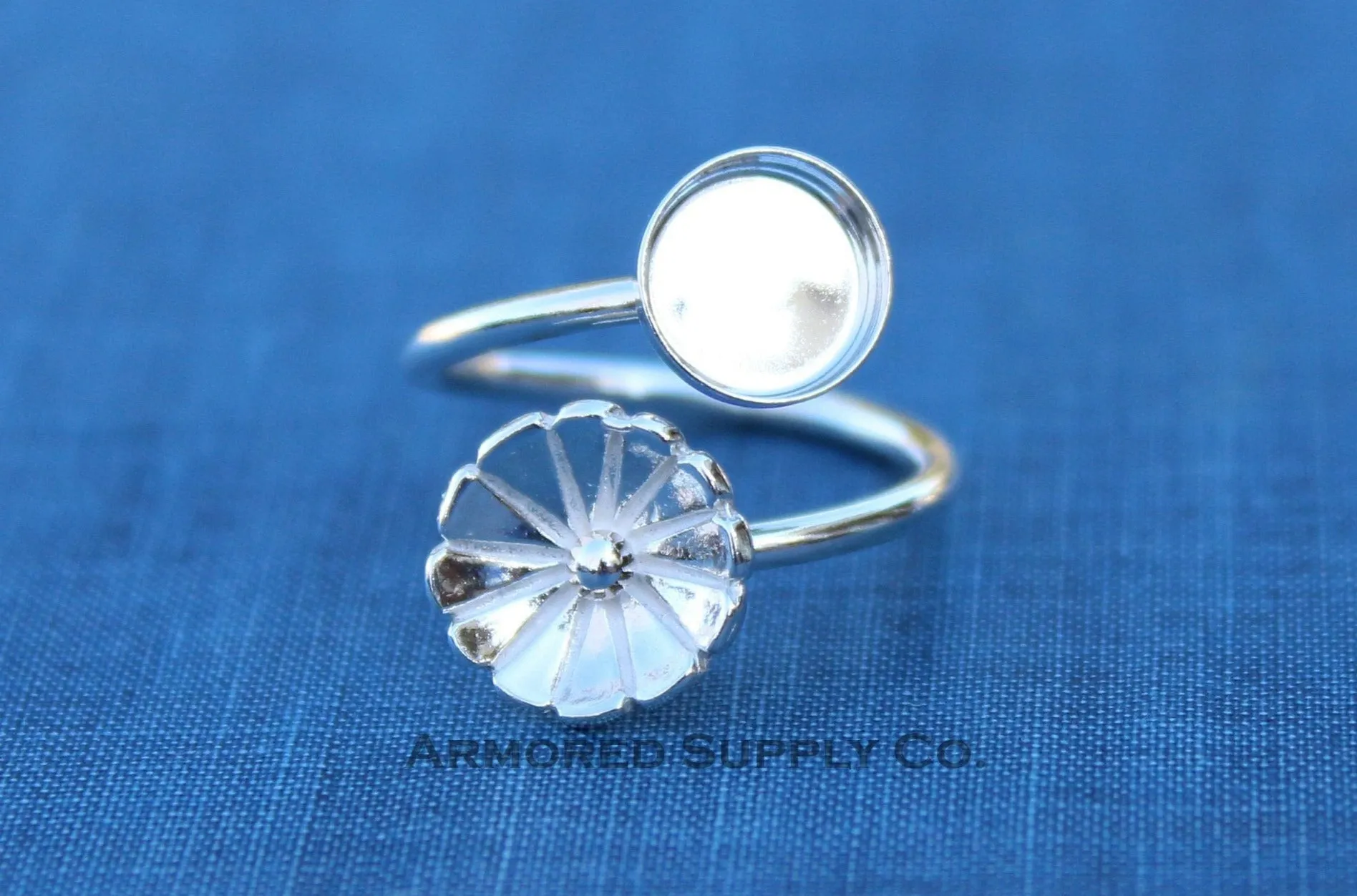 6mm Silver Flower Wrap Bypass Adjustable Bezel Ring blank