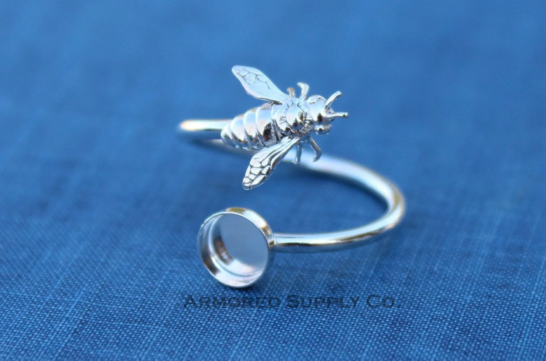 6mm Silver Honey Bee Wrap Bypass Adjustable Bezel Ring blank