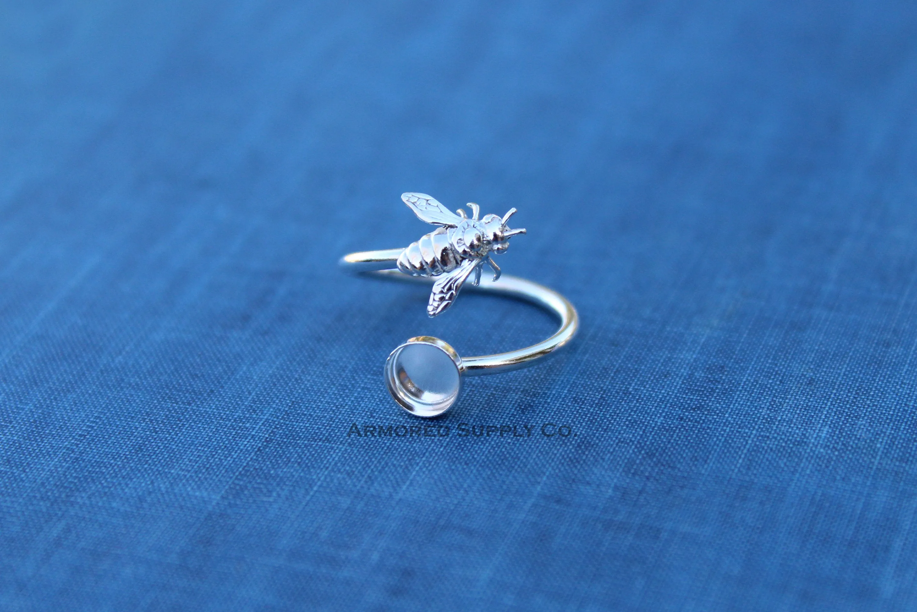 6mm Silver Honey Bee Wrap Bypass Adjustable Bezel Ring blank