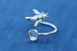 6mm Silver Honey Bee Wrap Bypass Adjustable Bezel Ring blank
