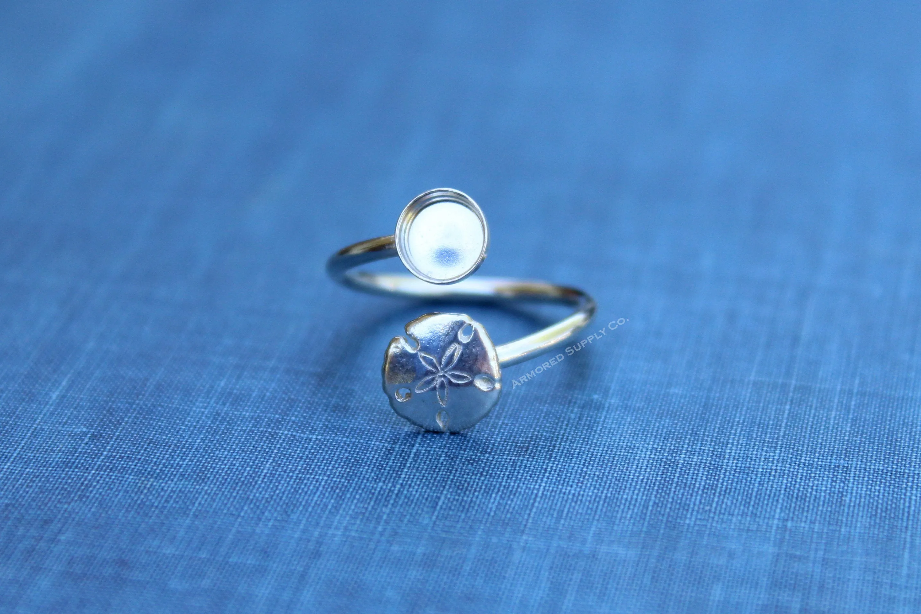 6mm Silver Sand Dollar Wrap Bypass Adjustable Bezel Ring blank