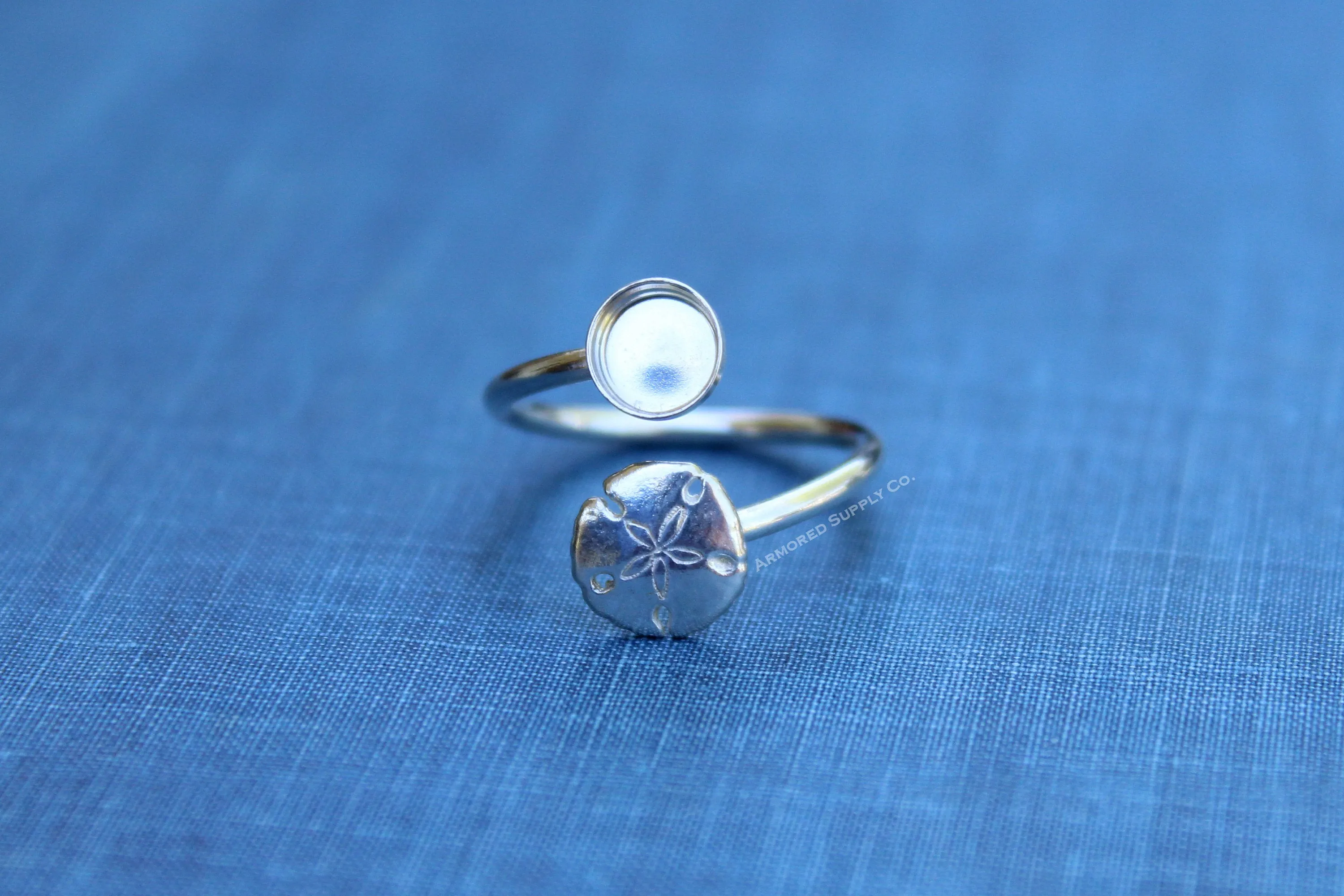 6mm Silver Sand Dollar Wrap Bypass Adjustable Bezel Ring blank