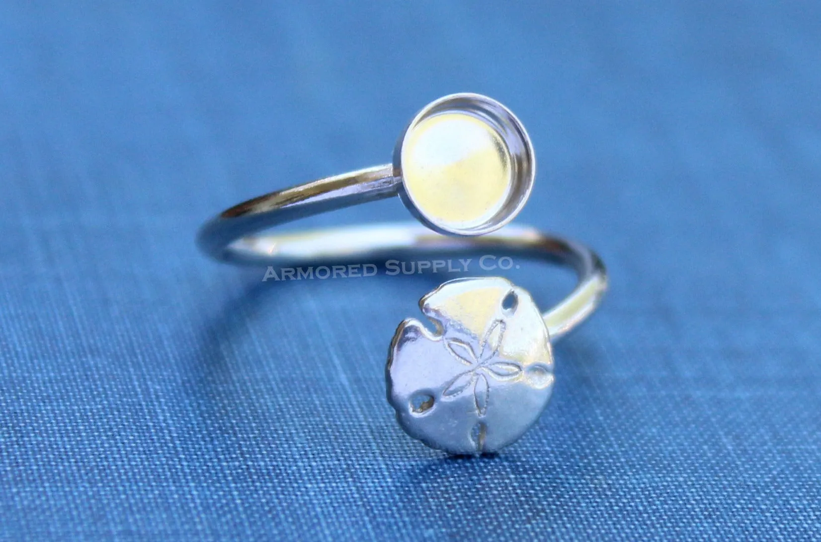 6mm Silver Sand Dollar Wrap Bypass Adjustable Bezel Ring blank