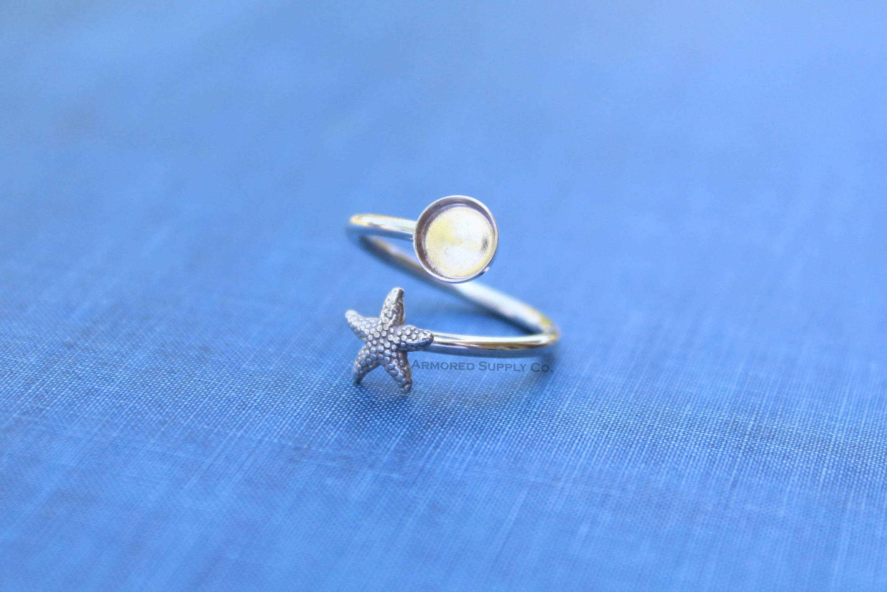 6mm Silver Starfish Wrap Bypass Adjustable Bezel Ring blank