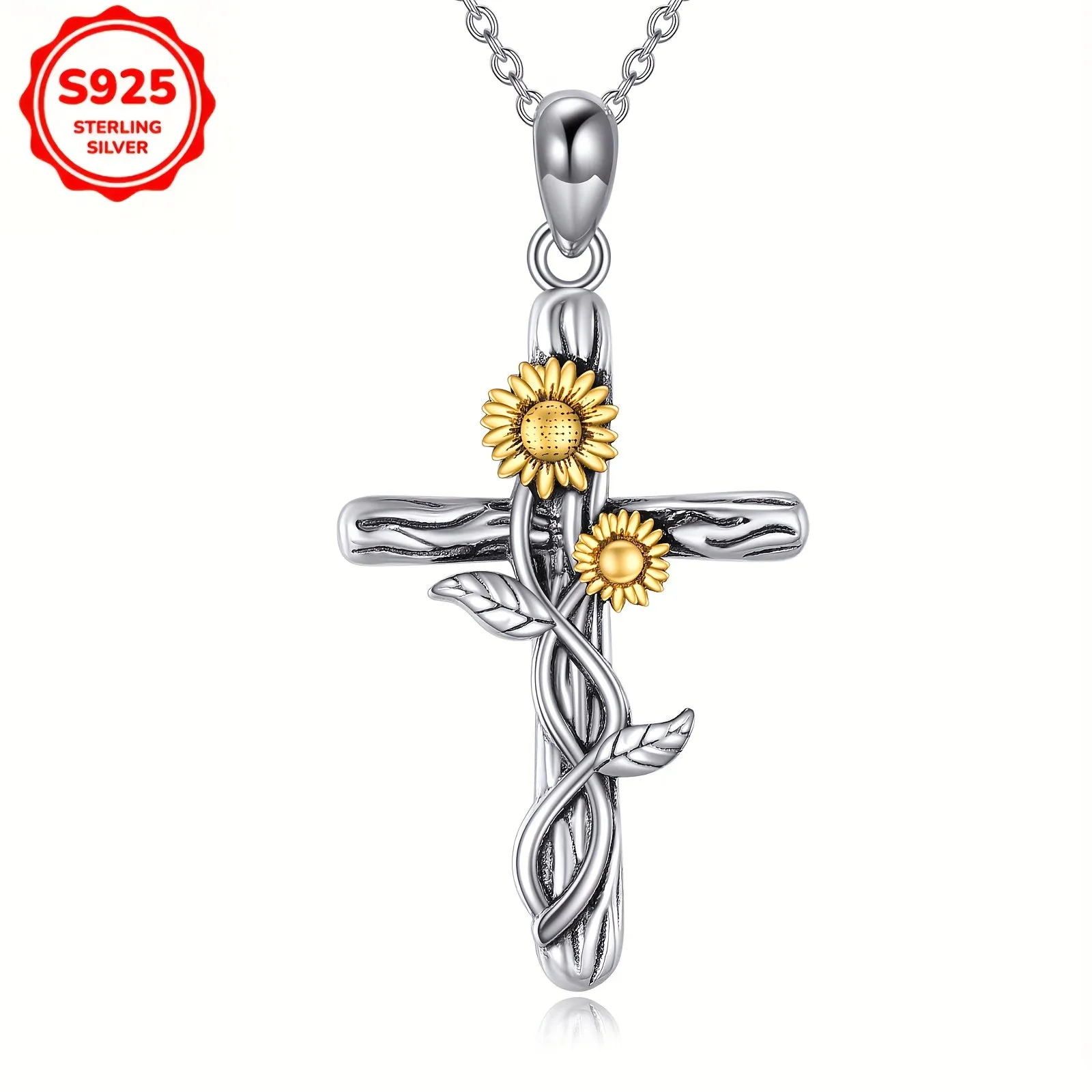 925 Pure Silvery Sunflower Cross Pendant Necklace