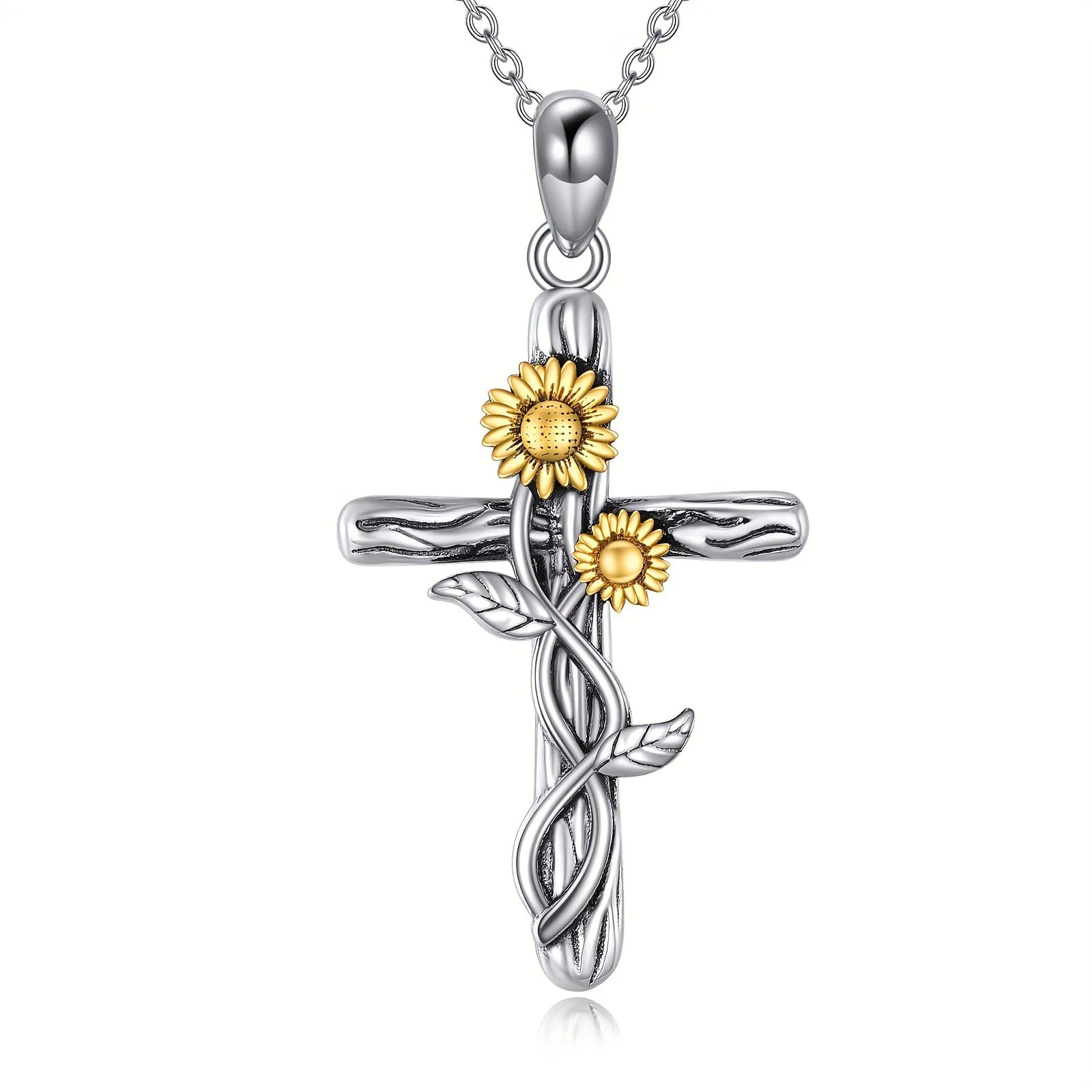 925 Pure Silvery Sunflower Cross Pendant Necklace