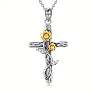 925 Pure Silvery Sunflower Cross Pendant Necklace