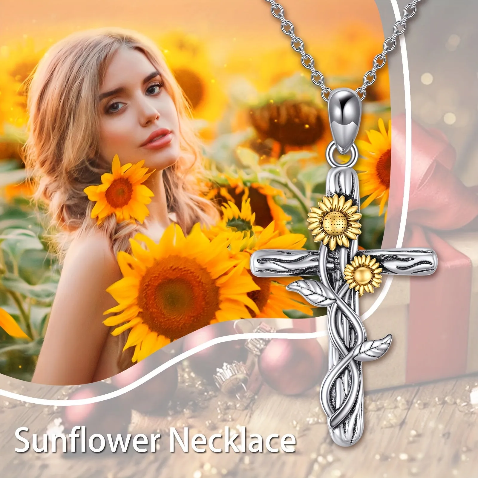 925 Pure Silvery Sunflower Cross Pendant Necklace
