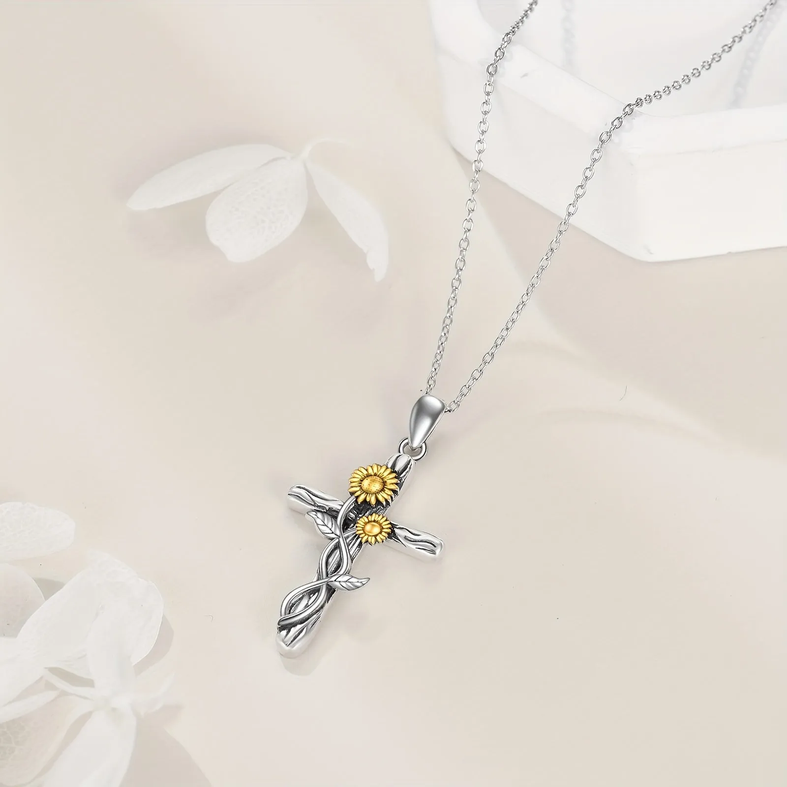 925 Pure Silvery Sunflower Cross Pendant Necklace