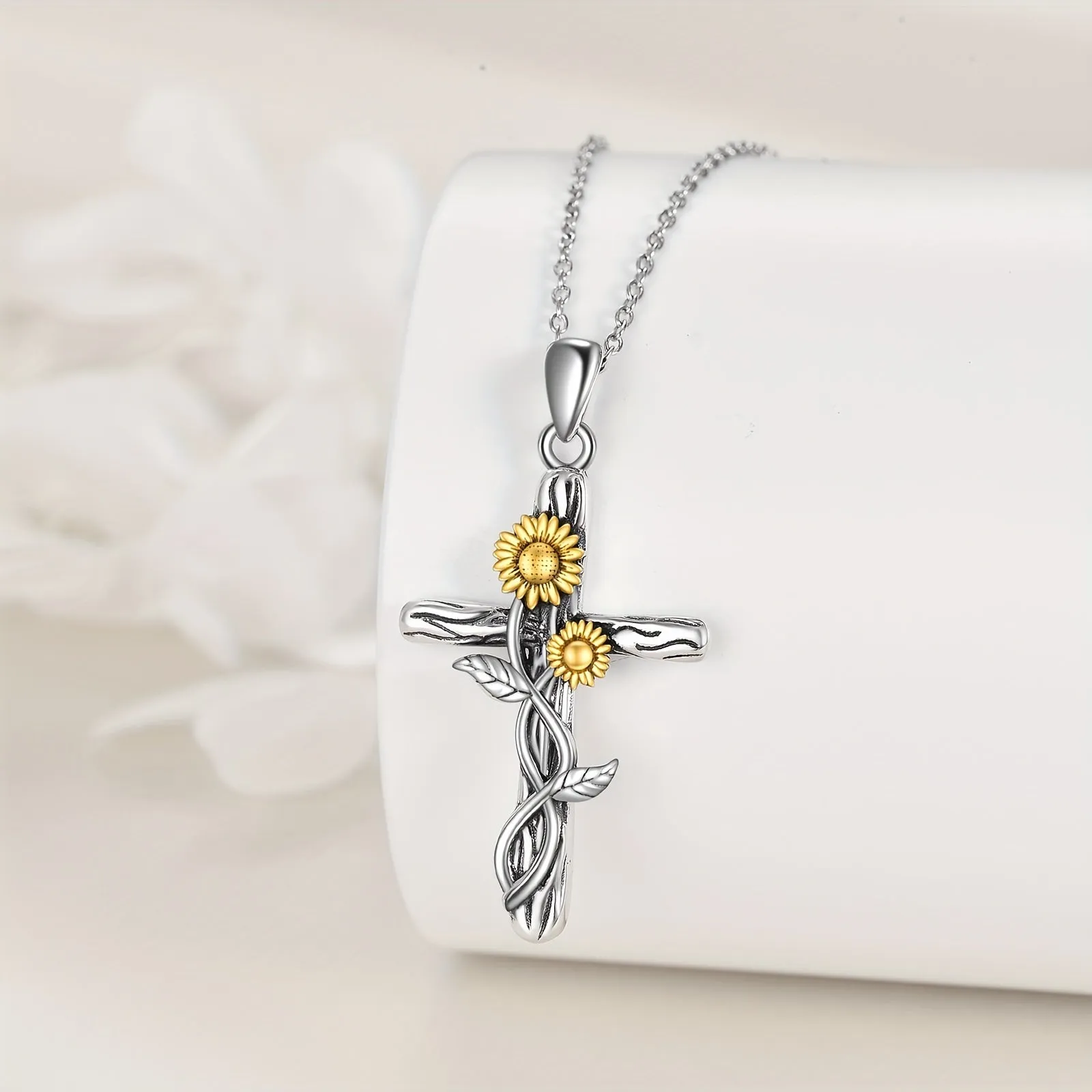 925 Pure Silvery Sunflower Cross Pendant Necklace