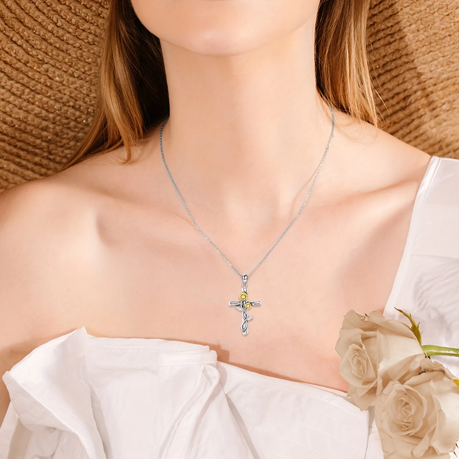 925 Pure Silvery Sunflower Cross Pendant Necklace