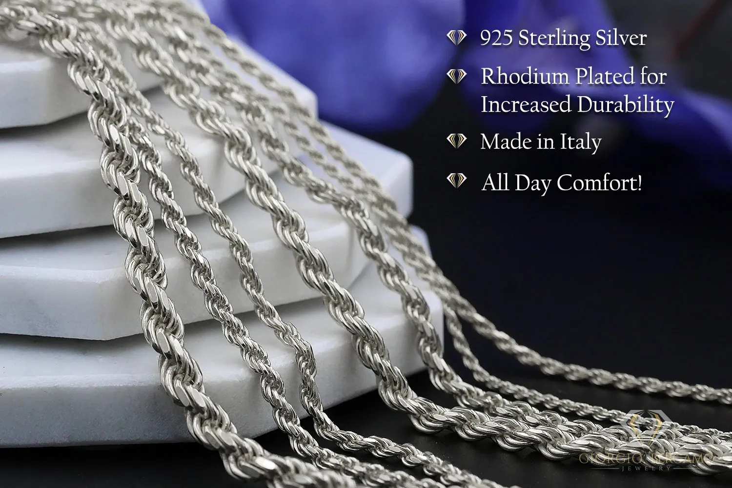 925 Sterling Silver 1.5mm Solid Rope Diamond Cut Rhodium Bracelet